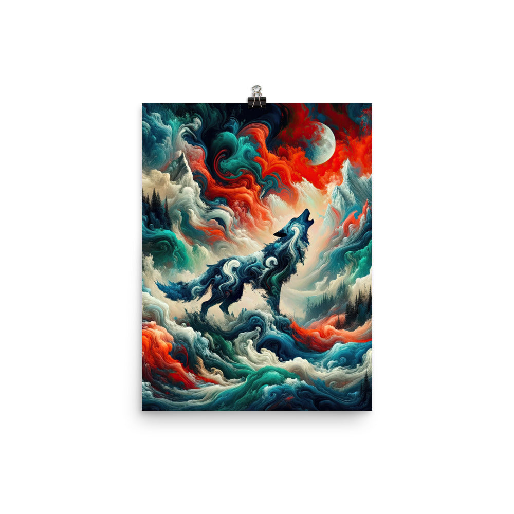 Abstrakte Kunst eines Wolfes in den Alpen mit Mustern aus eisigem Blau und Waldgrün verschmelzen mit feurigen Farben (AN) - Premium Luster xxx yyy zzz 30.5 x 40.6 cm