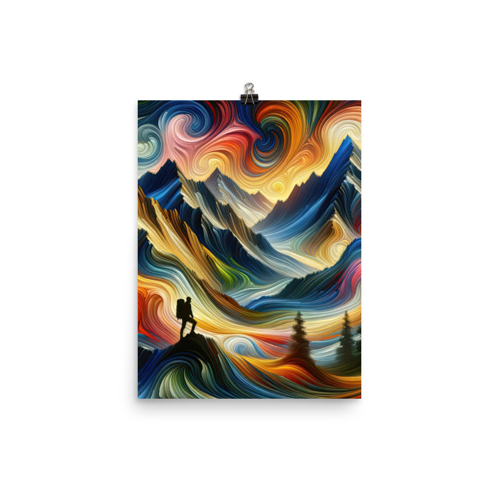 Abstraktes Kunstgemälde der Alpen mit wirbelnden, lebendigen Farben und dynamischen Mustern. Wanderer Silhouette - Premium Luster Photo wandern xxx yyy zzz 30.5 x 40.6 cm