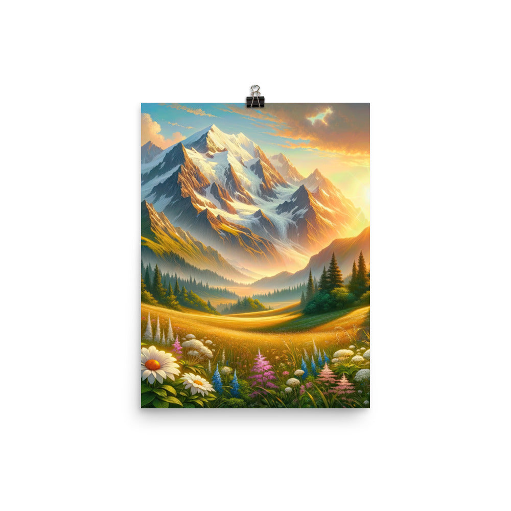 Heitere Alpenschönheit: Schneeberge und Wildblumenwiesen - Premium Poster (glänzend) berge xxx yyy zzz 30.5 x 40.6 cm