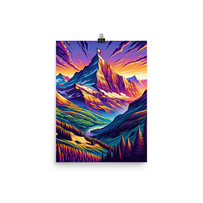 Bergpracht mit Schweizer Flagge: Farbenfrohe Illustration einer Berglandschaft - Premium Poster (glänzend) berge xxx yyy zzz 30.5 x 40.6 cm