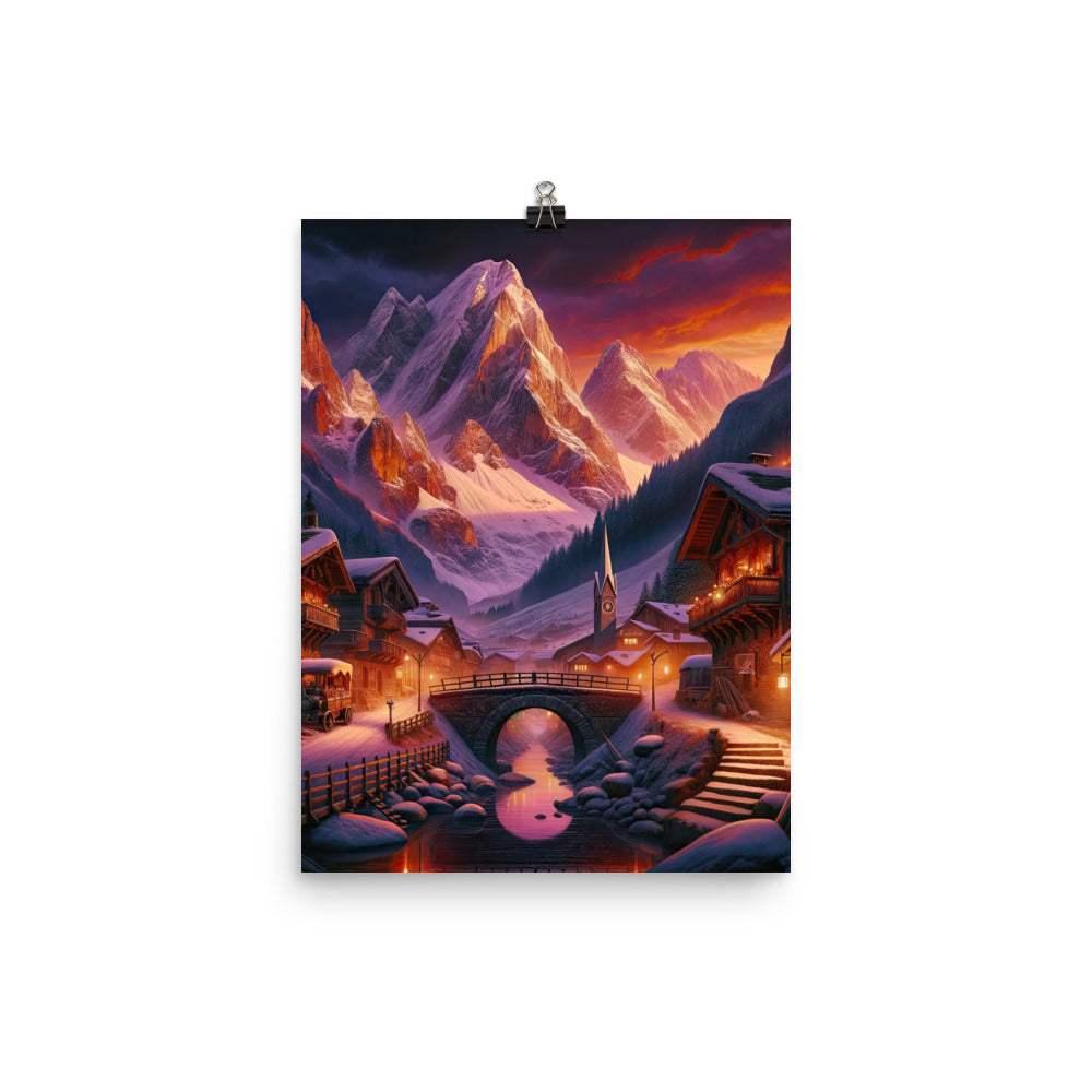 Magische Alpenstunde: Digitale Kunst mit warmem Himmelsschein über schneebedeckte Berge - Premium Poster (glänzend) berge xxx yyy zzz 30.5 x 40.6 cm