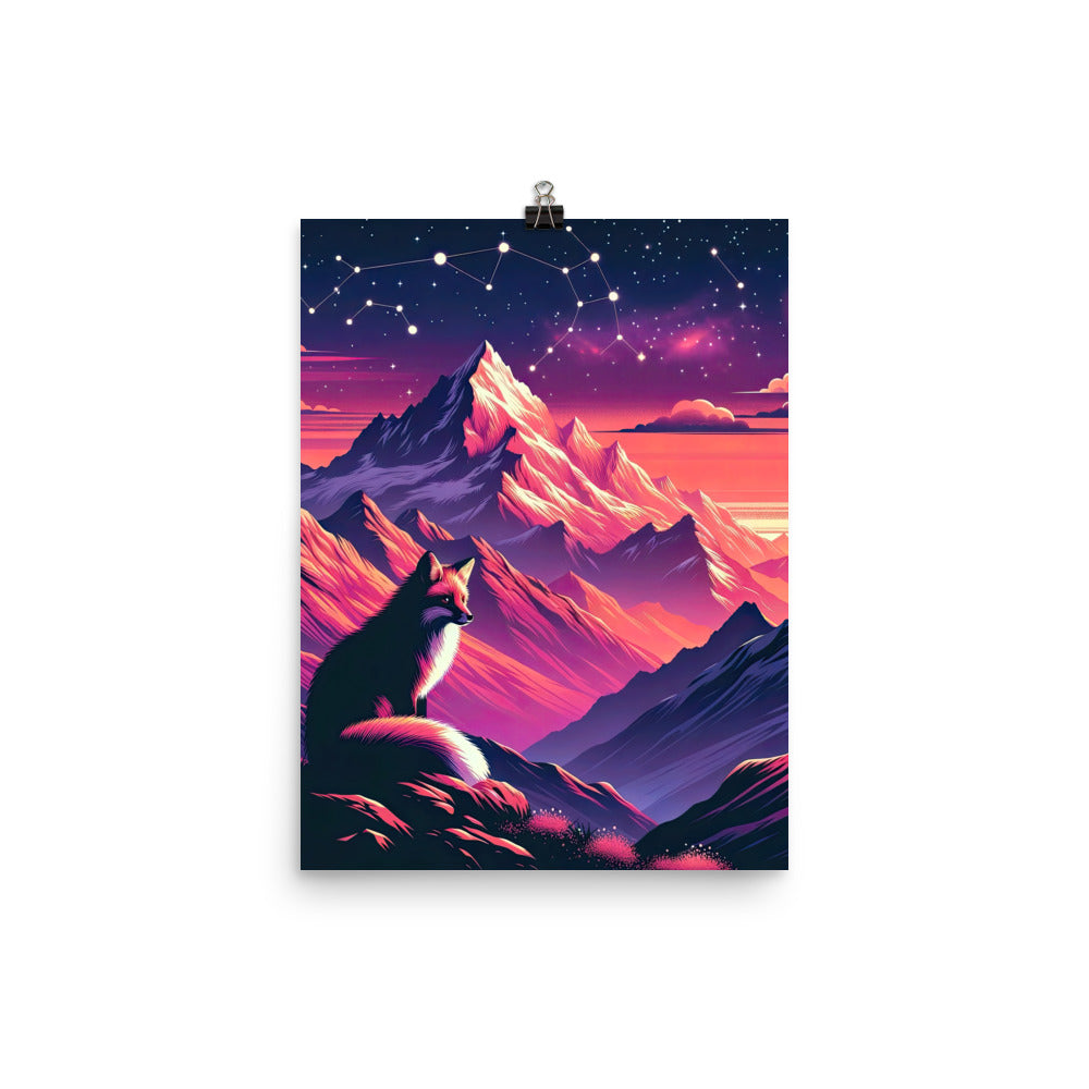 Fuchs im dramatischen Sonnenuntergang: Digitale Bergillustration in Abendfarben - Premium Poster (glänzend) camping xxx yyy zzz 30.5 x 40.6 cm