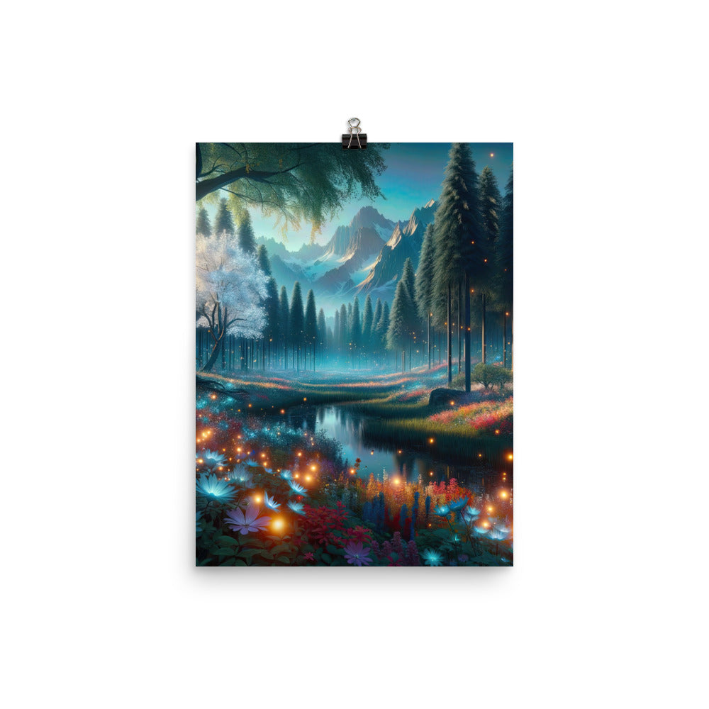 Ätherischer Alpenwald: Digitale Darstellung mit leuchtenden Bäumen und Blumen - Premium Poster (glänzend) camping xxx yyy zzz 30.5 x 40.6 cm