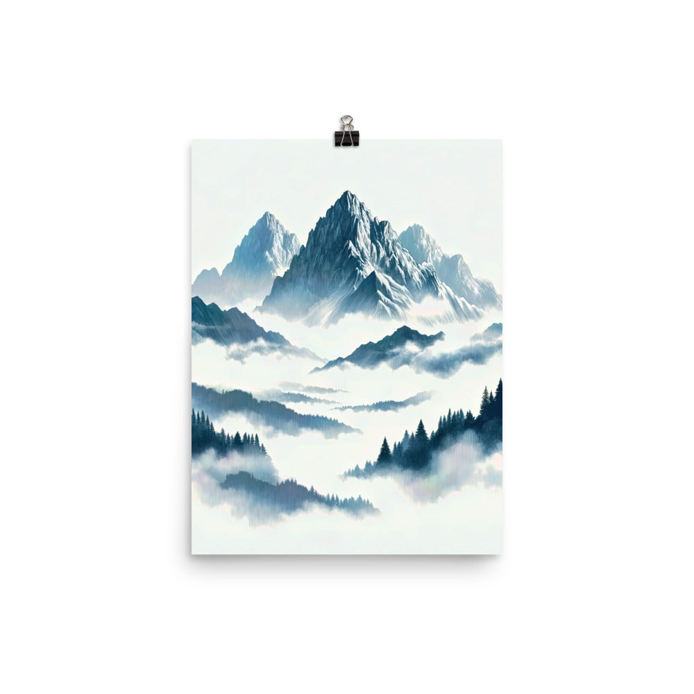 Nebeliger Alpenmorgen-Essenz, verdeckte Täler und Wälder - Premium Poster (glänzend) berge xxx yyy zzz 30.5 x 40.6 cm