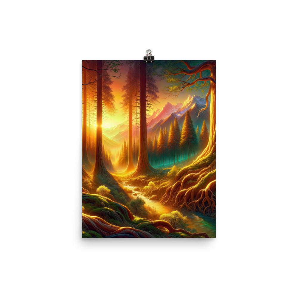 Golden-Stunde Alpenwald, Sonnenlicht durch Blätterdach - Premium Poster (glänzend) camping xxx yyy zzz 30.5 x 40.6 cm