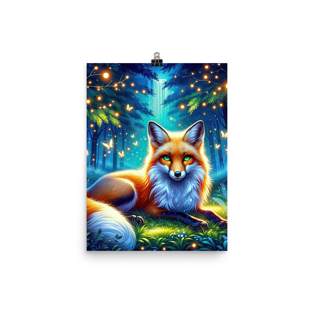 Funkelnder Nachtfuchs auf Waldlichtung mit Feuerwerk - Premium Poster (glänzend) camping xxx yyy zzz 30.5 x 40.6 cm