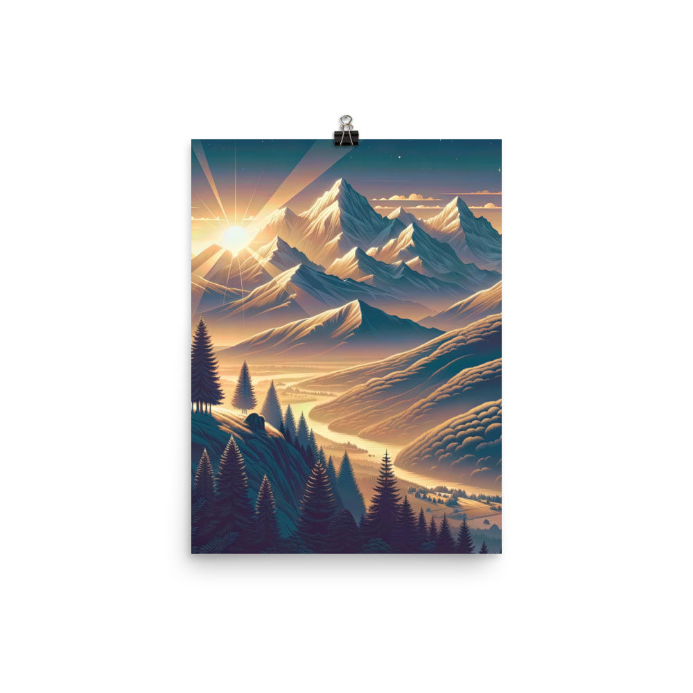 Alpen-Morgendämmerung, erste Sonnenstrahlen auf Schneegipfeln - Premium Poster (glänzend) berge xxx yyy zzz 30.5 x 40.6 cm