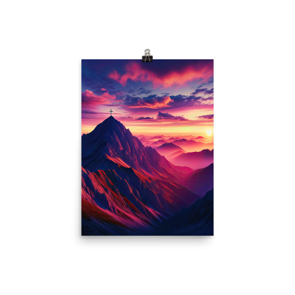 Dramatischer Alpen-Sonnenaufgang, Gipfelkreuz und warme Himmelsfarben - Premium Poster (glänzend) berge xxx yyy zzz 30.5 x 40.6 cm