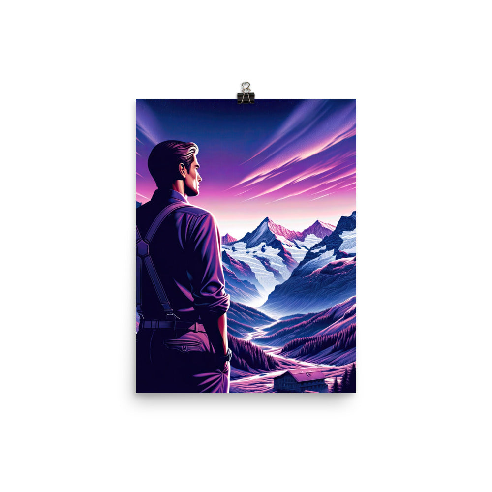 Wanderer in alpiner Dämmerung, schneebedeckte Gipfel ins Unendliche - Premium Poster (glänzend) wandern xxx yyy zzz 30.5 x 40.6 cm