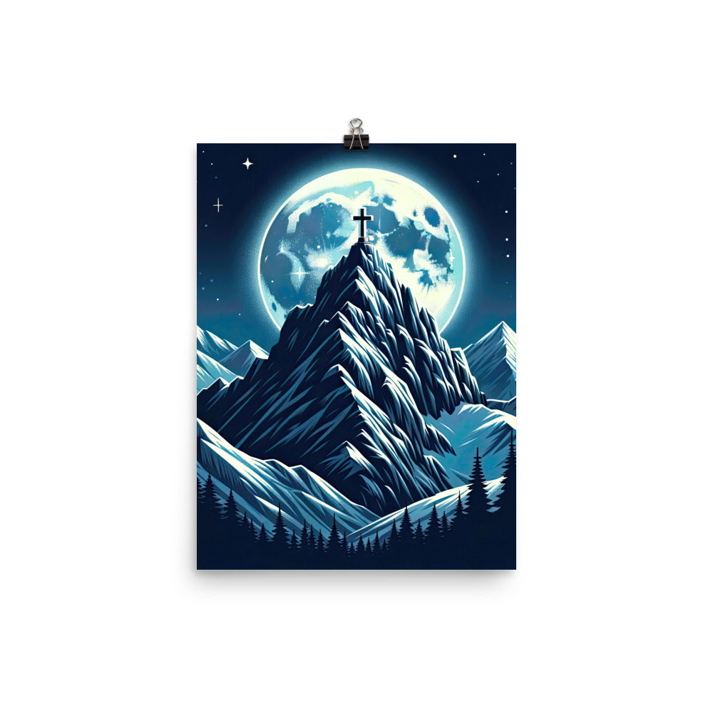 Mondnacht und Gipfelkreuz in den Alpen, glitzernde Schneegipfel - Premium Poster (glänzend) berge xxx yyy zzz 30.5 x 40.6 cm