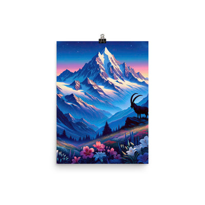 Steinbock bei Dämmerung in den Alpen, sonnengeküsste Schneegipfel - Premium Poster (glänzend) berge xxx yyy zzz 30.5 x 40.6 cm
