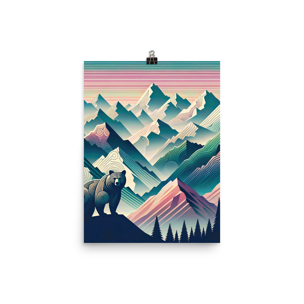 Bär im Panoramablick der Alpen, moderne Kunst-Gebirgsschichten - Premium Poster (glänzend) camping xxx yyy zzz 30.5 x 40.6 cm