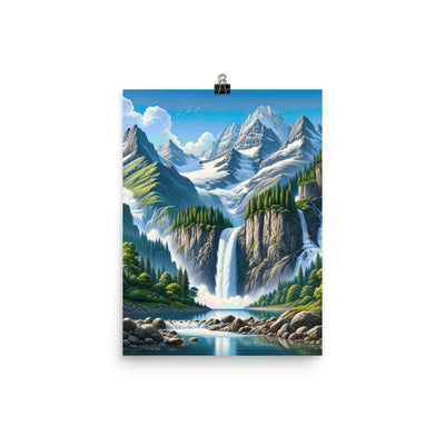 Illustration einer unberührten Alpenkulisse im Hochsommer. Wasserfall und See - Premium Poster (glänzend) berge xxx yyy zzz 30.5 x 40.6 cm