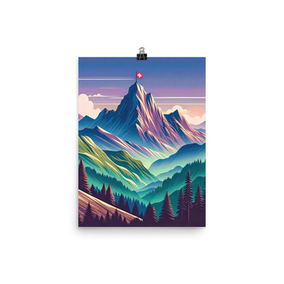 Harmonische Berglandschaft mit Schweizer Flagge auf Gipfel - Premium Poster (glänzend) berge xxx yyy zzz 30.5 x 40.6 cm