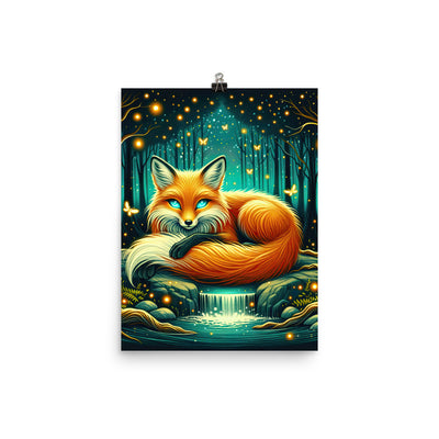 Bezaubernder Fuchs auf erleuchteter mystischer Waldlichtung - Premium Poster (glänzend) camping xxx yyy zzz 30.5 x 40.6 cm