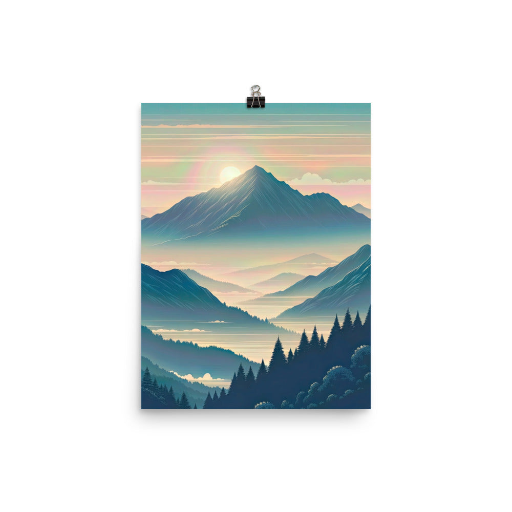 Bergszene bei Morgendämmerung, erste Sonnenstrahlen auf Bergrücken - Premium Poster (glänzend) berge xxx yyy zzz 30.5 x 40.6 cm