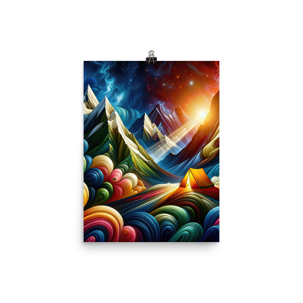 Abstrakte Bergwelt in lebendigen Farben mit Zelt - Premium Poster (glänzend) camping xxx yyy zzz 30.5 x 40.6 cm