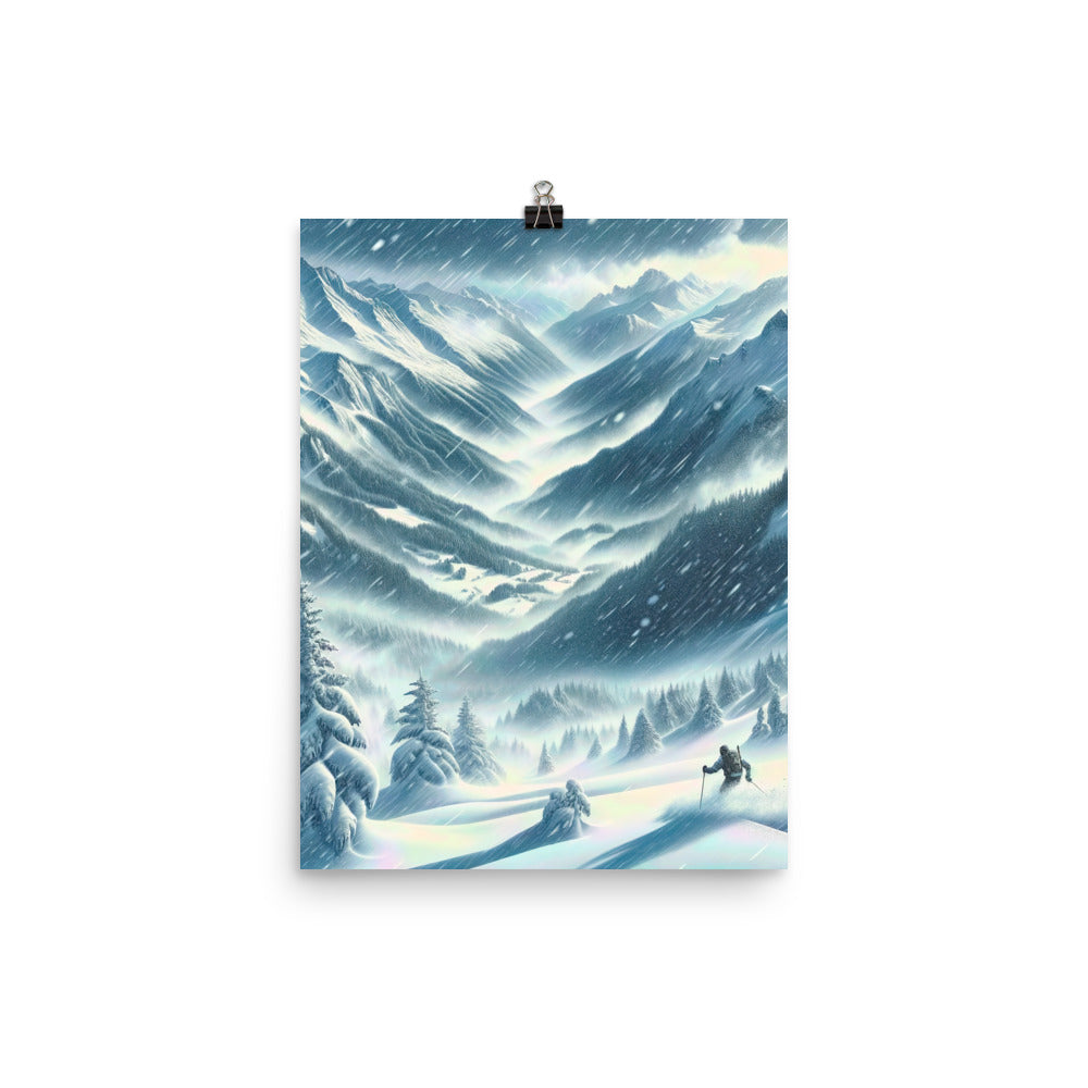 Alpine Wildnis im Wintersturm mit Skifahrer, verschneite Landschaft - Premium Poster (glänzend) klettern ski xxx yyy zzz 30.5 x 40.6 cm
