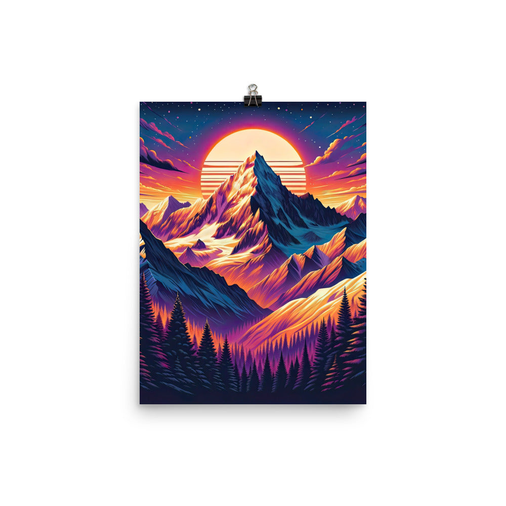Lebendiger Alpen-Sonnenuntergang, schneebedeckte Gipfel in warmen Tönen - Premium Poster (glänzend) berge xxx yyy zzz 30.5 x 40.6 cm