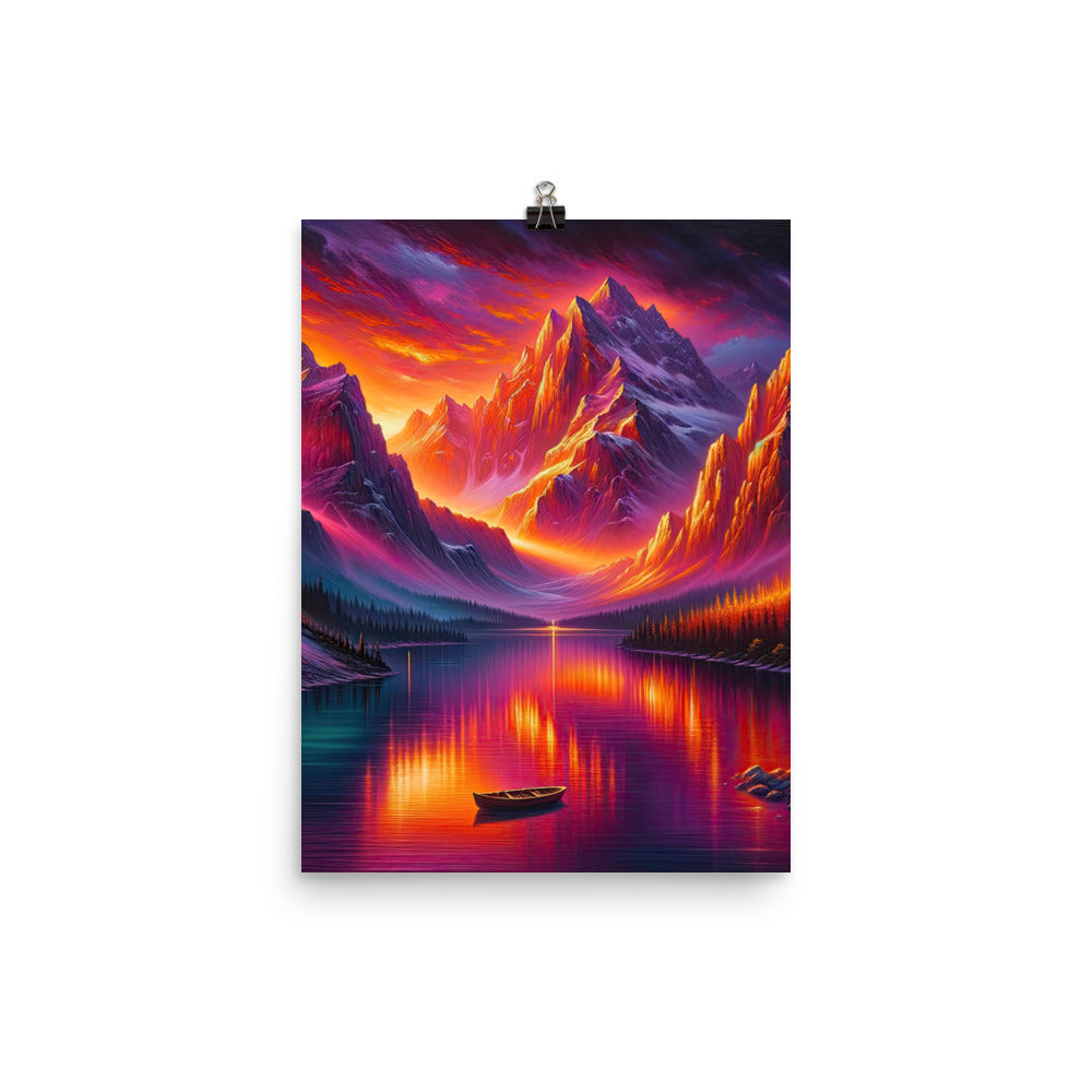 Ölgemälde eines Bootes auf einem Bergsee bei Sonnenuntergang, lebendige Orange-Lila Töne - Premium Poster (glänzend) berge xxx yyy zzz 30.5 x 40.6 cm