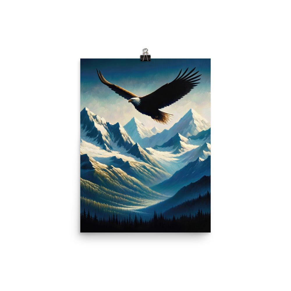 Ölgemälde eines Adlers vor schneebedeckten Bergsilhouetten - Premium Poster (glänzend) berge xxx yyy zzz 30.5 x 40.6 cm