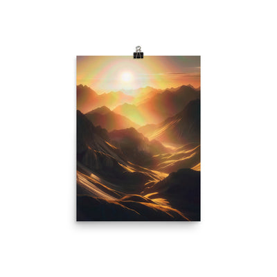 Foto der goldenen Stunde in den Bergen mit warmem Schein über zerklüftetem Gelände - Premium Poster (glänzend) berge xxx yyy zzz 30.5 x 40.6 cm
