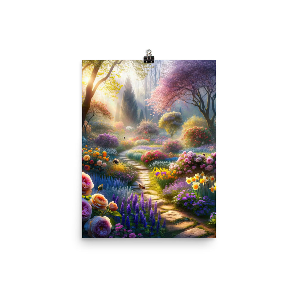 Foto einer Gartenszene im Frühling mit Weg durch blühende Rosen und Veilchen - Premium Poster (glänzend) camping xxx yyy zzz 30.5 x 40.6 cm