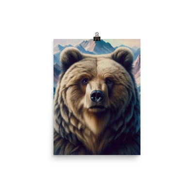 Foto eines Bären vor abstrakt gemalten Alpenbergen, Oberkörper im Fokus - Premium Poster (glänzend) camping xxx yyy zzz 30.5 x 40.6 cm