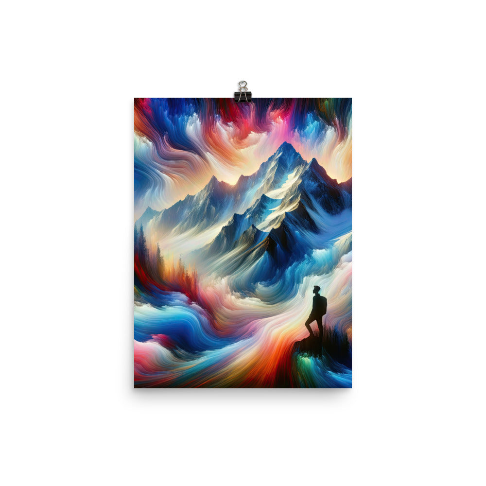 Foto eines abstrakt-expressionistischen Alpengemäldes mit Wanderersilhouette - Premium Poster (glänzend) wandern xxx yyy zzz 30.5 x 40.6 cm