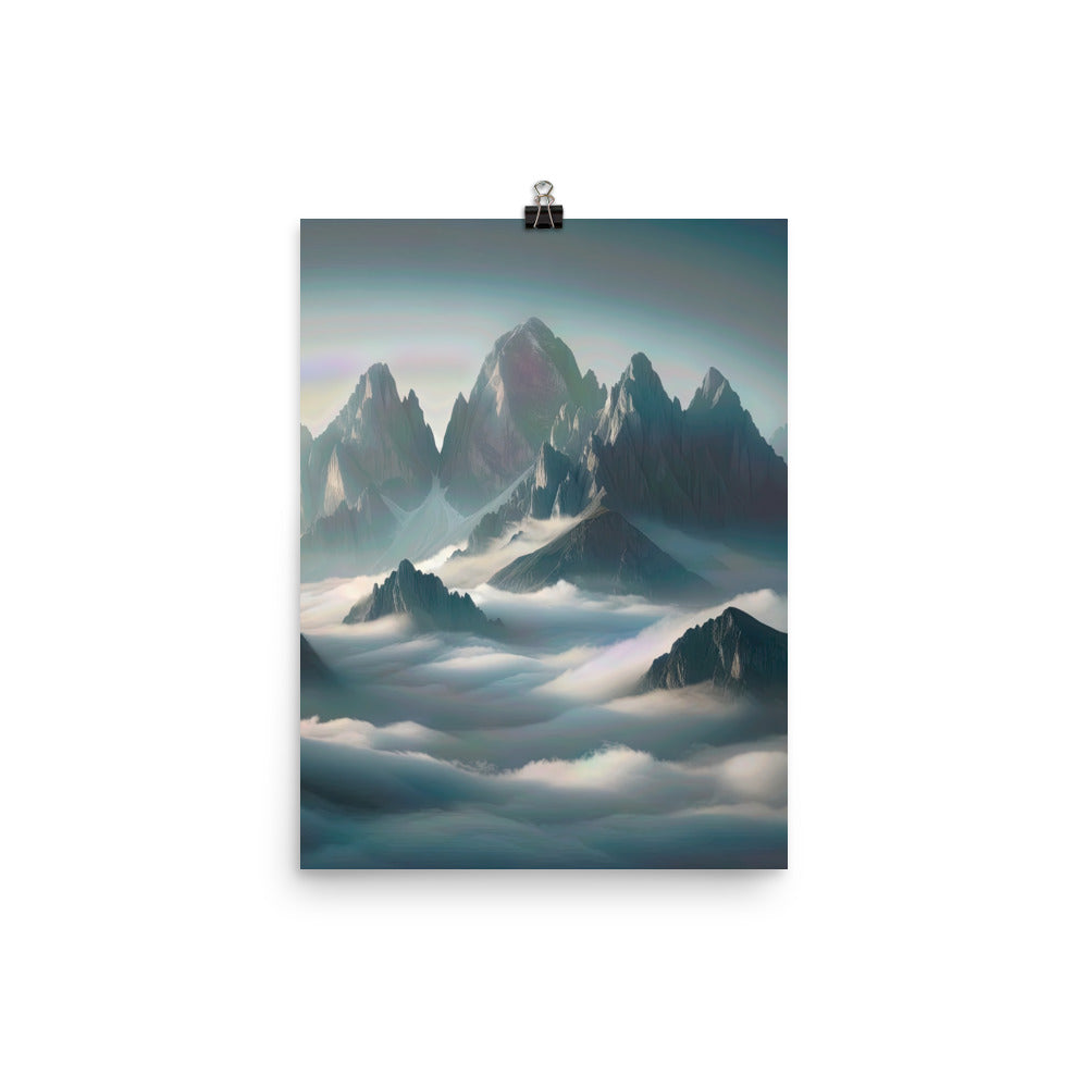 Foto eines nebligen Alpenmorgens, scharfe Gipfel ragen aus dem Nebel - Premium Poster (glänzend) berge xxx yyy zzz 30.5 x 40.6 cm