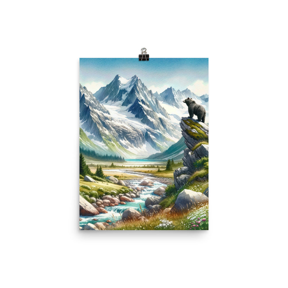 Aquarellmalerei eines Bären und der sommerlichen Alpenschönheit mit schneebedeckten Ketten - Premium Poster (glänzend) camping xxx yyy zzz 30.5 x 40.6 cm
