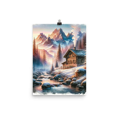 Aquarell einer Alpenszene im Morgengrauen, Haus in den Bergen - Premium Poster (glänzend) berge xxx yyy zzz 30.5 x 40.6 cm