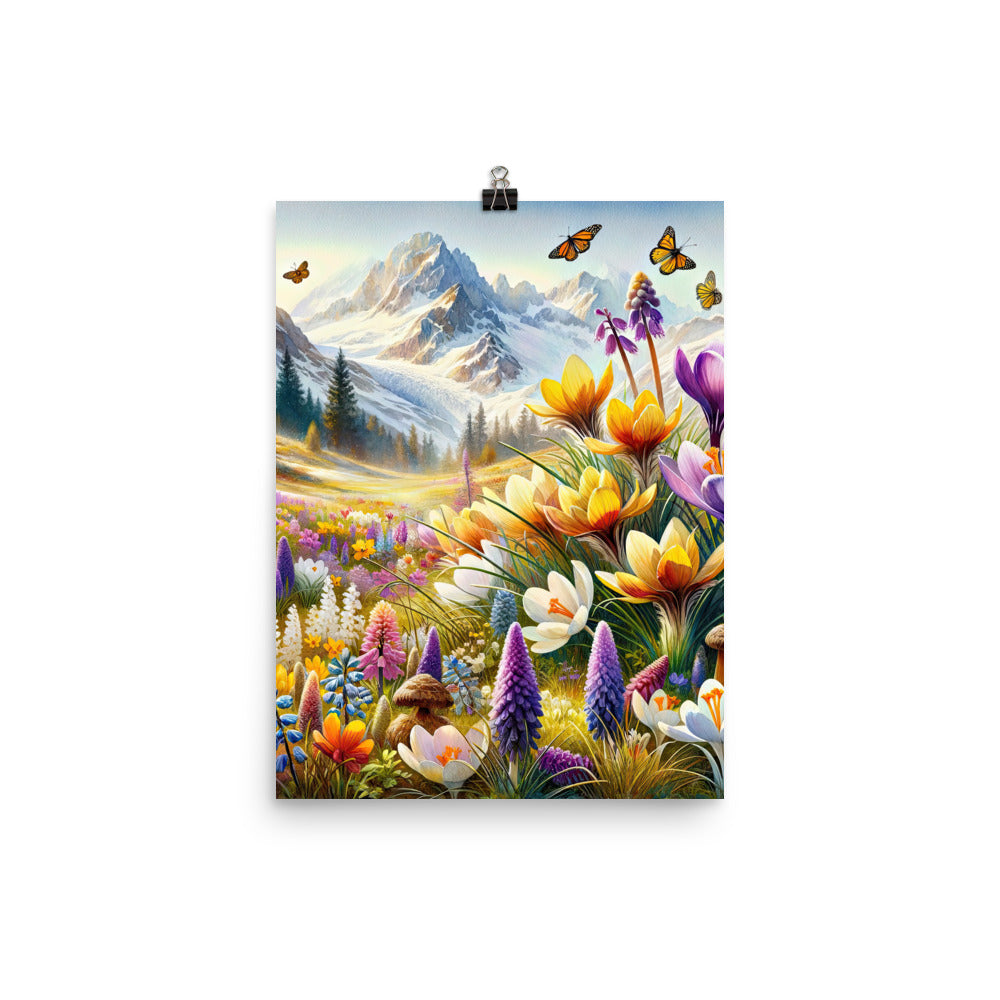 Aquarell einer ruhigen Almwiese, farbenfrohe Bergblumen in den Alpen - Premium Poster (glänzend) berge xxx yyy zzz 30.5 x 40.6 cm