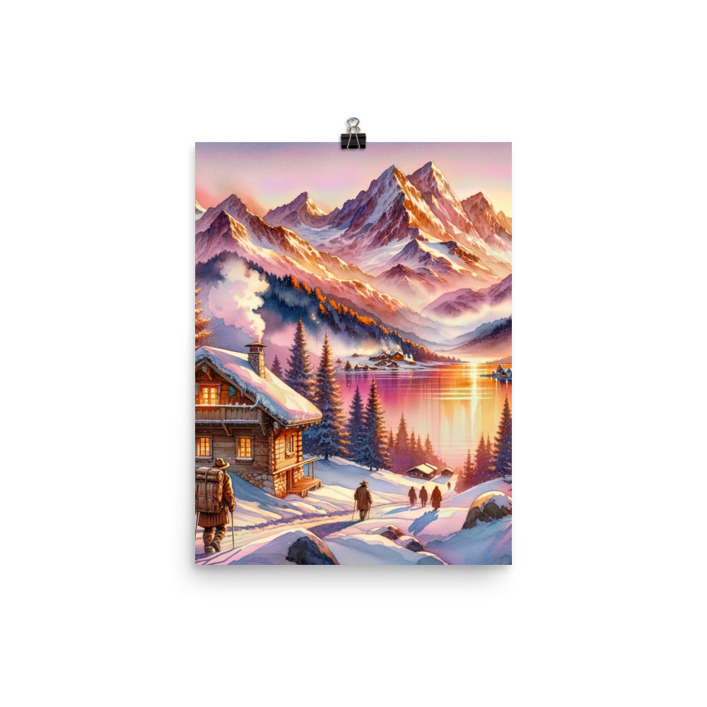 Aquarell eines Alpenpanoramas mit Wanderern bei Sonnenuntergang in Rosa und Gold - Premium Poster (glänzend) wandern xxx yyy zzz 30.5 x 40.6 cm