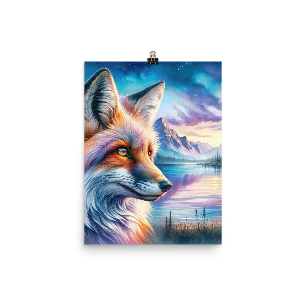 Aquarellporträt eines Fuchses im Dämmerlicht am Bergsee - Premium Poster (glänzend) camping xxx yyy zzz 30.5 x 40.6 cm