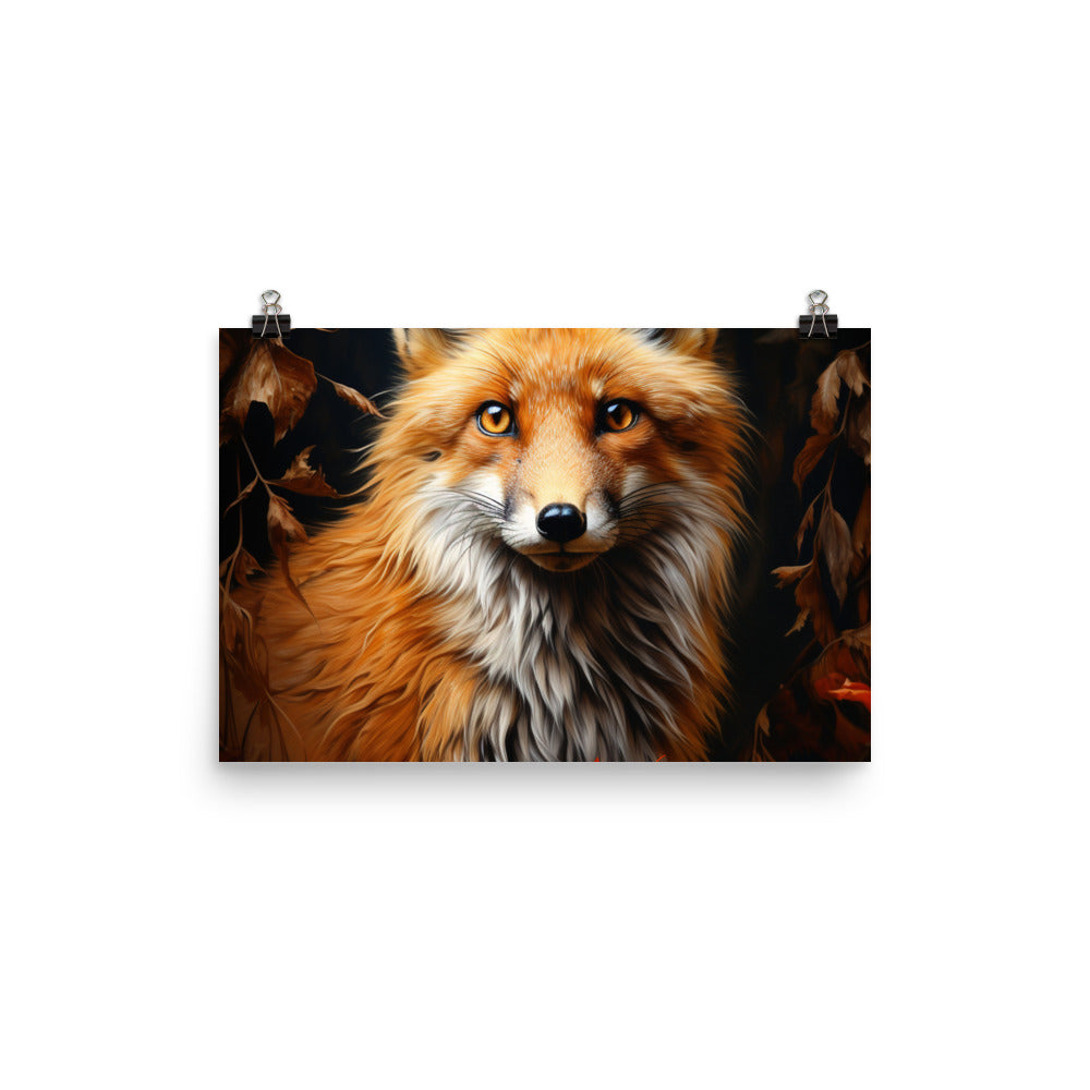 Fuchs Porträt und Herbstblätter - Malerei - Premium Poster (glänzend) camping xxx 30.5 x 45.7 cm