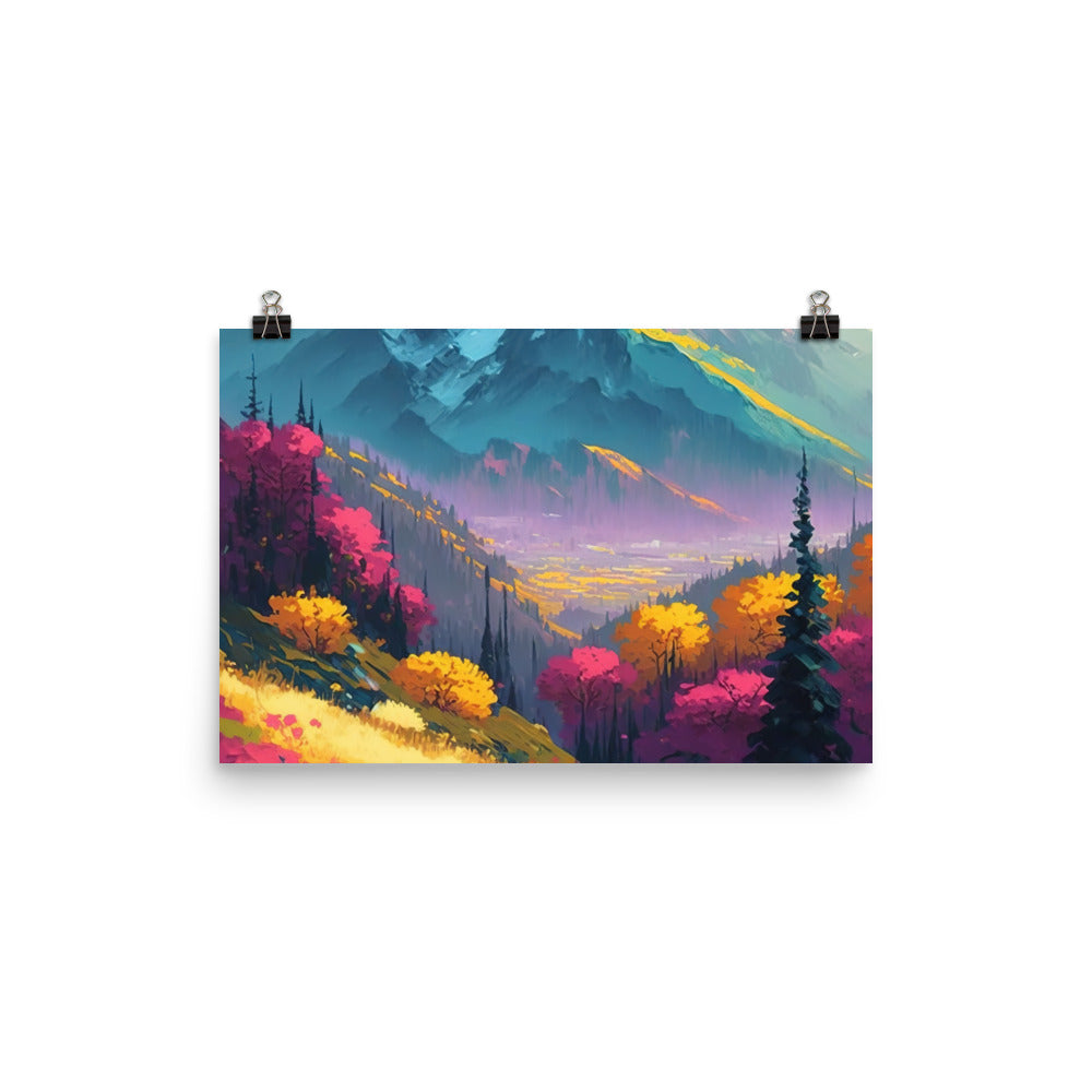 Berge, pinke und gelbe Bäume, sowie Blumen - Farbige Malerei - Premium Poster (glänzend) berge xxx 30.5 x 45.7 cm