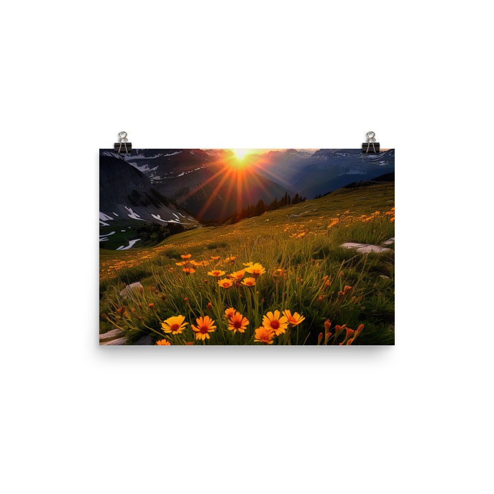 Gebirge, Sonnenblumen und Sonnenaufgang - Premium Poster (glänzend) berge xxx 30.5 x 45.7 cm