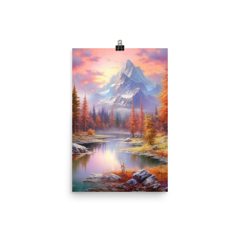 Landschaftsmalerei - Berge, Bäume, Bergsee und Herbstfarben - Premium Poster (glänzend) berge xxx 30.5 x 45.7 cm