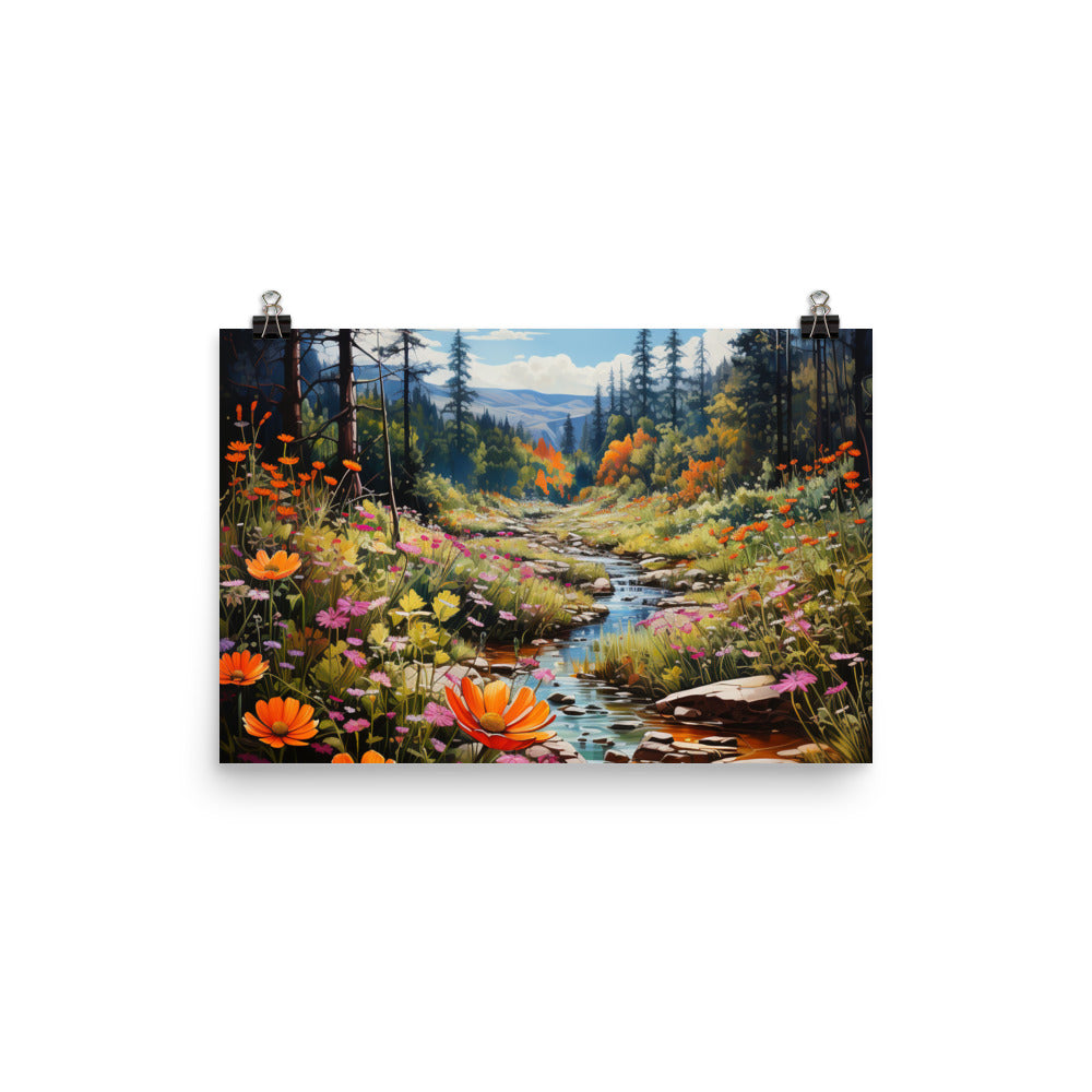Berge, schöne Blumen und Bach im Wald - Premium Poster (glänzend) berge xxx 30.5 x 45.7 cm