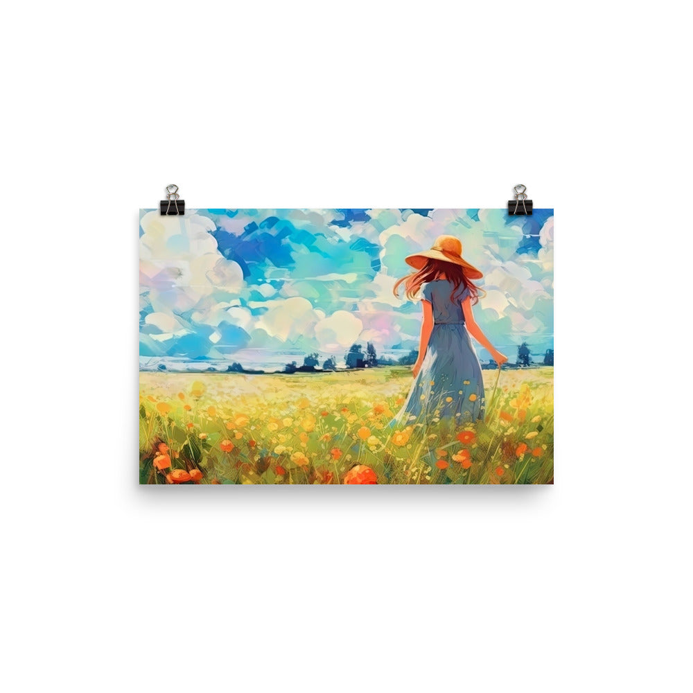 Dame mit Hut im Feld mit Blumen - Landschaftsmalerei - Premium Poster (glänzend) camping xxx 30.5 x 45.7 cm