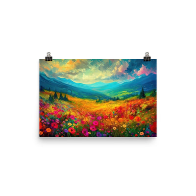 Berglandschaft und schöne farbige Blumen - Malerei - Premium Poster (glänzend) berge xxx 30.5 x 45.7 cm