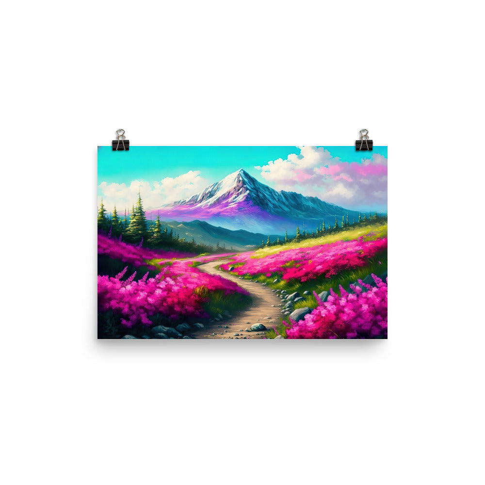 Berg, pinke Blumen und Wanderweg - Landschaftsmalerei - Premium Poster (glänzend) berge xxx 30.5 x 45.7 cm