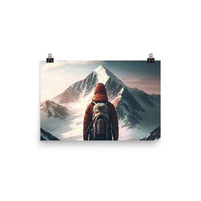 Wanderer von hinten vor einem Berg - Malerei - Premium Poster (glänzend) berge xxx 30.5 x 45.7 cm