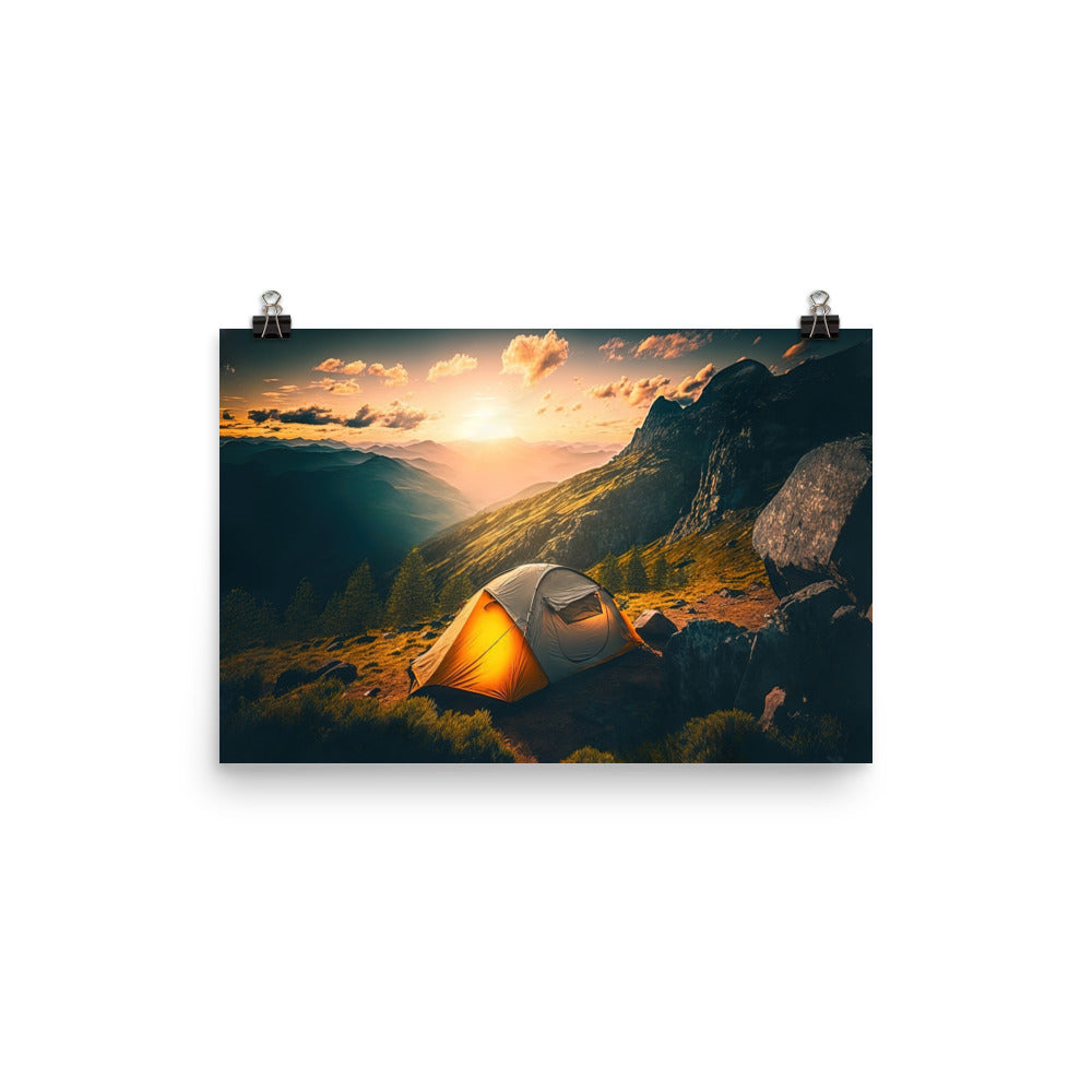Zelt auf Berg im Sonnenaufgang - Landschafts - Premium Poster (glänzend) camping xxx 30.5 x 45.7 cm