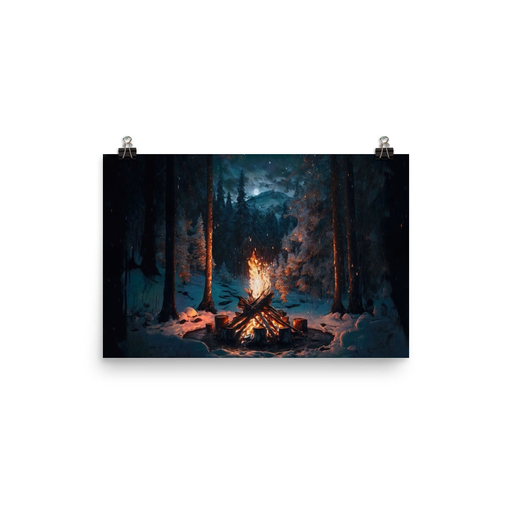 Lagerfeuer beim Camping - Wald mit Schneebedeckten Bäumen - Malerei - Premium Poster (glänzend) camping xxx 30.5 x 45.7 cm