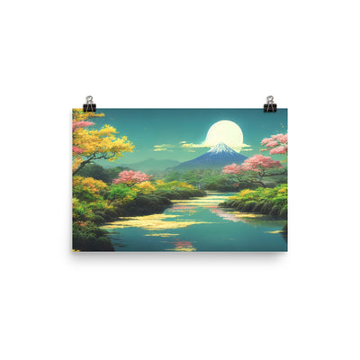 Berg, See und Wald mit pinken Bäumen - Landschaftsmalerei - Premium Poster (glänzend) berge xxx 30.5 x 45.7 cm