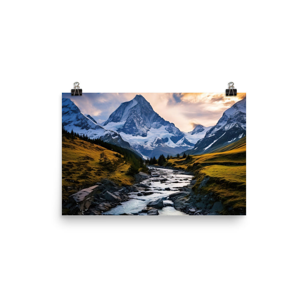 Berge und steiniger Bach - Epische Stimmung - Premium Poster (glänzend) berge xxx 30.5 x 45.7 cm