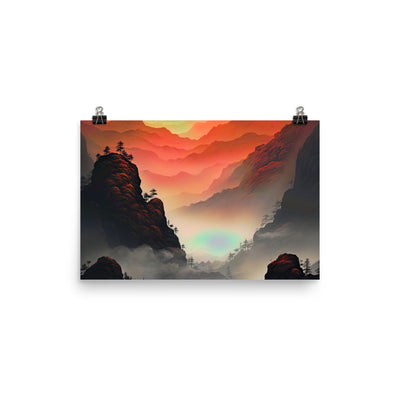 Gebirge, rote Farben und Nebel - Episches Kunstwerk - Premium Poster (glänzend) berge xxx 30.5 x 45.7 cm