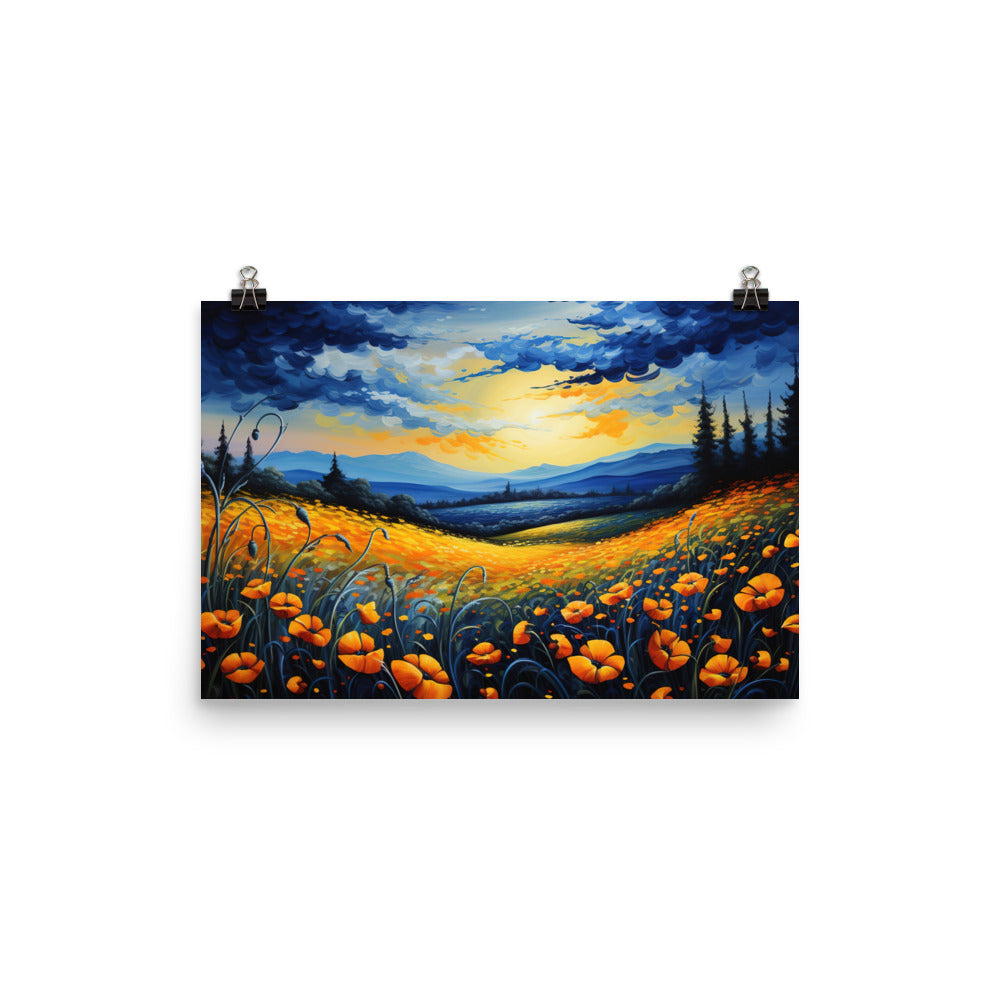 Berglandschaft mit schönen gelben Blumen - Landschaftsmalerei - Premium Poster (glänzend) berge xxx 30.5 x 45.7 cm